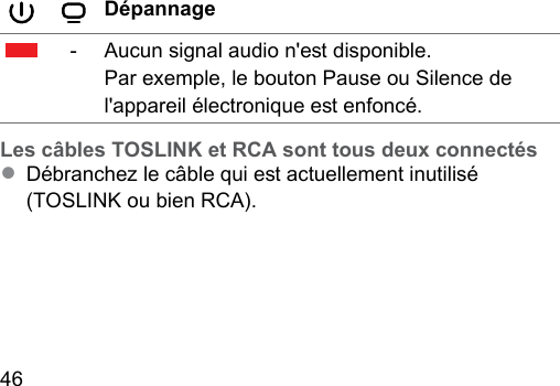 46  Dépannage-Aucun signal audio n&apos;e disponible. Par exemple, le bouton Pause ou Silence de l&apos;appareil électronique e enfoncé. Les câbles TOSLINK et RCA sont tous deux connectés● Débranchez le câble qui e actuellement inutilisé (TOSLINK ou bien RCA).