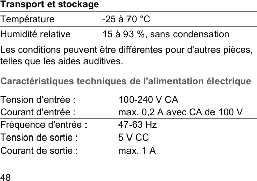 48  Transport et ockageTempérature ‑25 à 70 °CHumidité relative 15 à 93 %, sans condensationLes conditions peuvent être diérentes pour d&apos;autres pièces, telles que les aides auditives.Caractériiques techniques de l&apos;alimentation électriqueTension d&apos;entrée : 100‑240 V CACourant d&apos;entrée : max. 0,2 A avec CA de 100 VFréquence d&apos;entrée : 47‑63 HzTension de sortie : 5 V CCCourant de sortie : max. 1 A