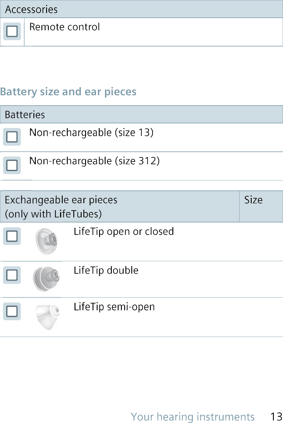  Battery size and ear pieces