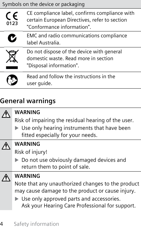 Safety information4 Symbols on the device or packagingCE compliance label, conrms compliance with certain European Directives, refer to section &quot;Conformance information&quot;.EMC and radio communications compliance label Australia.Do not dispose of the device with general domestic waste. Read more in section &quot;Disposal information&quot;.Read and follow the instructions in the user guide. General  warningsWARNING Risk of impairing the residual hearing of the user. XUse only hearing instruments that have been tted especially for your needs.WARNING Risk of injury! XDo not use obviously damaged devices and return them to point of sale.WARNING Note that any unauthorized changes to the product may cause damage to the product or cause injury. XUse only approved parts and accessories. Ask your Hearing Care Professional for support.