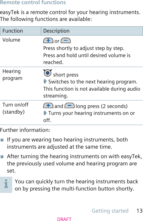 Getting started 13DRAFTRemote control functionseasyTek is a remote control for your hearing instruments. The following functions are available:Function DescriptionVolume  or Press shortly to adjust step by step.Press and hold until desired volume is reached.Hearing program  short press➧ Switches to the next hearing program.This function is not available during audio streaming.Turn on/off (standby) and   long press (2 seconds)➧ Turns your hearing instruments on or off. Further information:■  If you are wearing two hearing instruments, both instruments are adjusted at the same time.■  After turning the hearing instruments on with easyTek, the previously used volume and hearing program are set.You can quickly turn the hearing instruments back on by pressing the multi-function button shortly.