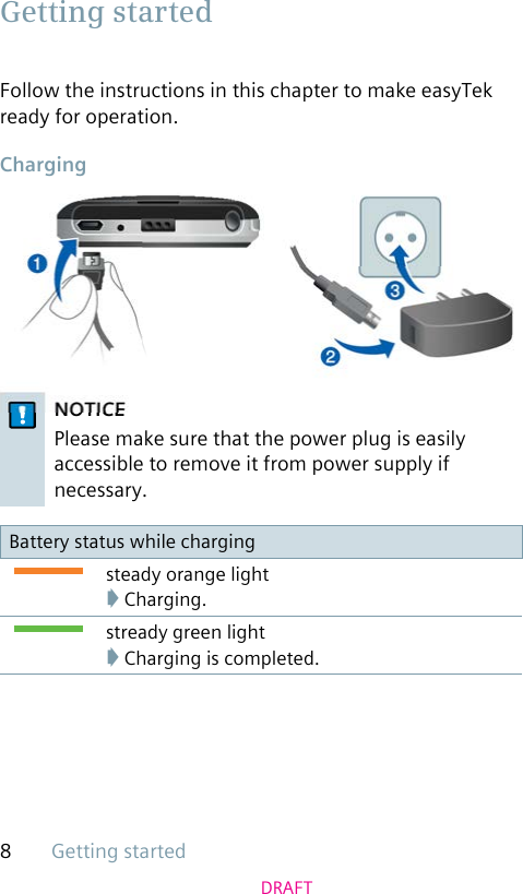 Getting started8DRAFTFollow the instructions in this chapter to make easyTek ready for operation. ChargingNOTICEPlease make sure that the power plug is easily accessible to remove it from power supply if necessary.Battery status while chargingsteady orange light➧ Charging.stready green light➧ Charging is completed. Getting started