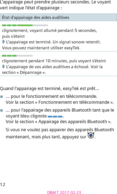 12DRAFT 2017-02-23L&apos;appairage peut prendre plusieurs secondes. Le voyant vert indique l&apos;état d&apos;appairage :État d&apos;appairage des aides auditivesclignotement, voyant allumé pendant 5 secondes,  puis s&apos;éteint➧ L&apos;appairage est terminé. Un signal sonore retentit.  Vous pouvez maintenant utiliser easyTek.clignotement pendant 10 minutes, puis voyant s&apos;éteint➧ L&apos;appairage de vos aides auditives a échoué. Voir la section « Dépannage ».Quand l&apos;appairage est terminé, easyTek est prêt...■  ... pour le fonctionnement en télécommande.  Voir la section « Fonctionnement en télécommande ».■  ... pour l&apos;appairage des appareils Bluetooth tant que le voyant bleu clignote  .  Voir la section « Appairage des appareils Bluetooth ».Si vous ne voulez pas appairer des appareils Bluetooth maintenant, mais plus tard, appuyez sur  .