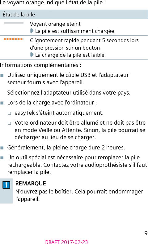 9DRAFT 2017-02-23Le voyant orange indique l&apos;état de la pile :État de la pileVoyant orange éteint➧ La pile est sufsamment chargée.Clignotement rapide pendant 5 secondes lors d&apos;une pression sur un bouton➧ La charge de la pile est faible.Informations complémentaires :■  Utilisez uniquement le câble USB et l&apos;adaptateur secteur fournis avec l&apos;appareil.Sélectionnez l&apos;adaptateur utilisé dans votre pays.■  Lors de la charge avec l&apos;ordinateur :□  easyTek s&apos;éteint automatiquement.□  Votre ordinateur doit être allumé et ne doit pas être en mode Veille ou Attente. Sinon, la pile pourrait se décharger au lieu de se charger.■  Généralement, la pleine charge dure 2 heures.■  Un outil spécial est nécessaire pour remplacer la pile rechargeable. Contactez votre audioprothésiste s&apos;il faut remplacer la pile.REMARQUEN&apos;ouvrez pas le boîtier. Cela pourrait endommager l&apos;appareil. 