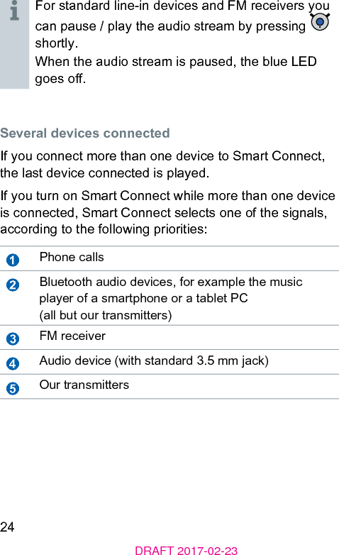 24DRAFT 2017-02-23For andard line-in devices and FM receivers you can pause / play the audio ream by pressing   shortly.When the audio ream is paused, the blue LED goes o.Several devices connectedIf you connect more than one device to Smart Connect, the la device connected is played. If you turn on Smart Connect while more than one device is connected, Smart Connect selects one of the signals, according to the following priorities:➊Phone calls➋Bluetooth audio devices, for example the music player of a smartphone or a tablet PC(all but our transmitters)➌FM receiver➍Audio device (with andard 3.5 mm jack)➎Our transmitters