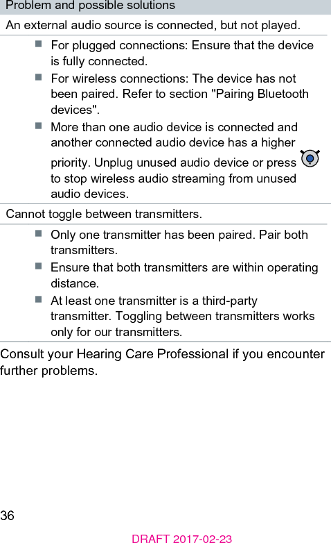 36DRAFT 2017-02-23Problem and possible solutionsAn external audio source is connected, but not played.■  For plugged connections: Ensure that the device is fully connected.■  For wireless connections: The device has not been paired. Refer to section &quot;Pairing Bluetooth devices&quot;.■  More than one audio device is connected and another connected audio device has a higher priority. Unplug unused audio device or press   to op wireless audio reaming from unused audio devices.Cannot toggle between transmitters.■  Only one transmitter has been paired. Pair both transmitters.■  Ensure that both transmitters are within operating diance.■  At lea one transmitter is a third-party transmitter. Toggling between transmitters works only for our transmitters.Consult your Hearing Care Professional if you encounter further problems.