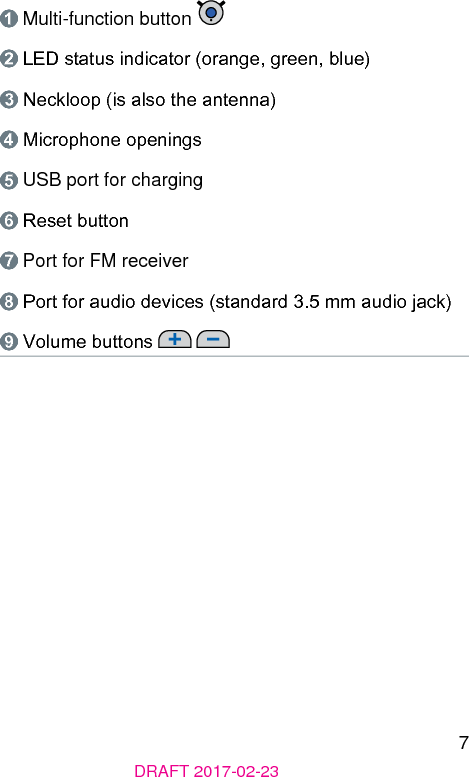 7DRAFT 2017-02-23➊ Multi-function button ➋ LED atus indicator (orange, green, blue)➌ Neckloop (is also the antenna)➍ Microphone openings➎ USB port for charging➏ Reset button➐ Port for FM receiver➑ Port for audio devices (andard 3.5 mm audio jack)➒ Volume buttons   