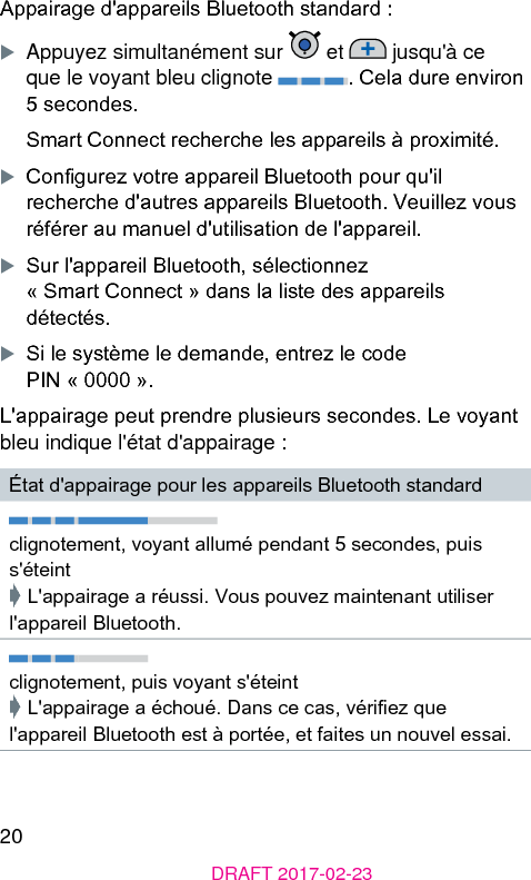 20DRAFT 2017-02-23Appairage d&apos;appareils Bluetooth andard :XAppuyez simultanément sur   et   jusqu&apos;à ce que le voyant bleu clignote  . Cela dure environ 5 secondes.Smart Connect recherche les appareils à proximité.XCongurez votre appareil Bluetooth pour qu&apos;il recherche d&apos;autres appareils Bluetooth. Veuillez vous référer au manuel d&apos;utilisation de l&apos;appareil.XSur l&apos;appareil Bluetooth, sélectionnez « Smart Connect » dans la lie des appareils détectés.XSi le syème le demande, entrez le code PIN « 0000 ».L&apos;appairage peut prendre plusieurs secondes. Le voyant bleu indique l&apos;état d&apos;appairage :État d&apos;appairage pour les appareils Bluetooth andardclignotement, voyant allumé pendant 5 secondes, puis s&apos;éteint➧ L&apos;appairage a réussi. Vous pouvez maintenant utiliser l&apos;appareil Bluetooth.clignotement, puis voyant s&apos;éteint➧ L&apos;appairage a échoué. Dans ce cas, vériez que l&apos;appareil Bluetooth e à portée, et faites un nouvel essai.