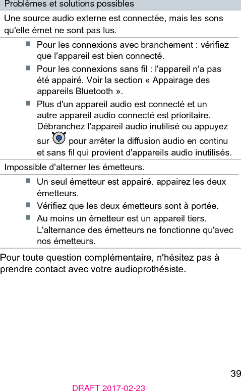 39DRAFT 2017-02-23Problèmes et solutions possiblesUne source audio externe e connectée, mais les sons qu&apos;elle émet ne sont pas lus.■  Pour les connexions avec branchement : vériez que l&apos;appareil e bien connecté.■  Pour les connexions sans l : l&apos;appareil n&apos;a pas été appairé. Voir la section « Appairage des appareils Bluetooth ».■  Plus d&apos;un appareil audio e connecté et un autre appareil audio connecté e prioritaire. Débranchez l&apos;appareil audio inutilisé ou appuyez sur   pour arrêter la diusion audio en continu et sans l qui provient d&apos;appareils audio inutilisés.Impossible d&apos;alterner les émetteurs.■  Un seul émetteur e appairé. appairez les deux émetteurs.■  Vériez que les deux émetteurs sont à portée.■  Au moins un émetteur e un appareil tiers. L&apos;alternance des émetteurs ne fonctionne qu&apos;avec nos émetteurs.Pour toute queion complémentaire, n&apos;hésitez pas à prendre contact avec votre audioprothésie.