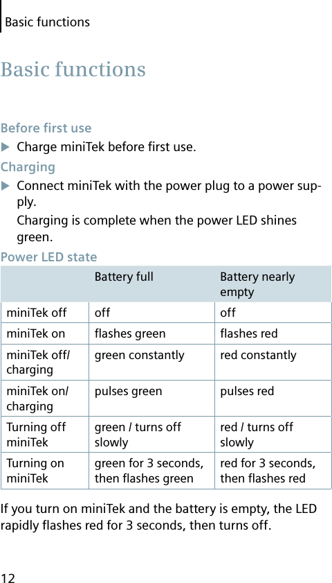 Basic functions12 Before  ﬁ rst useCharge miniTek before ﬁ rst use. ChargingConnect miniTek with the power plug to a power sup-ply.Charging is complete when the power LED shines green. Power LED stateBattery full Battery nearly emptyminiTek off off offminiTek on ﬂ ashes green ﬂ ashes redminiTek off/ charginggreen constantly red constantlyminiTek on/ chargingpulses green pulses redTurning off miniTekgreen / turns off slowlyred / turns off slowlyTurning on miniTekgreen for 3 seconds, then ﬂ ashes greenred for 3 seconds, then ﬂ ashes redIf you turn on miniTek and the battery is empty, the LED rapidly ﬂ ashes red for 3 seconds, then turns off. Basic  functions