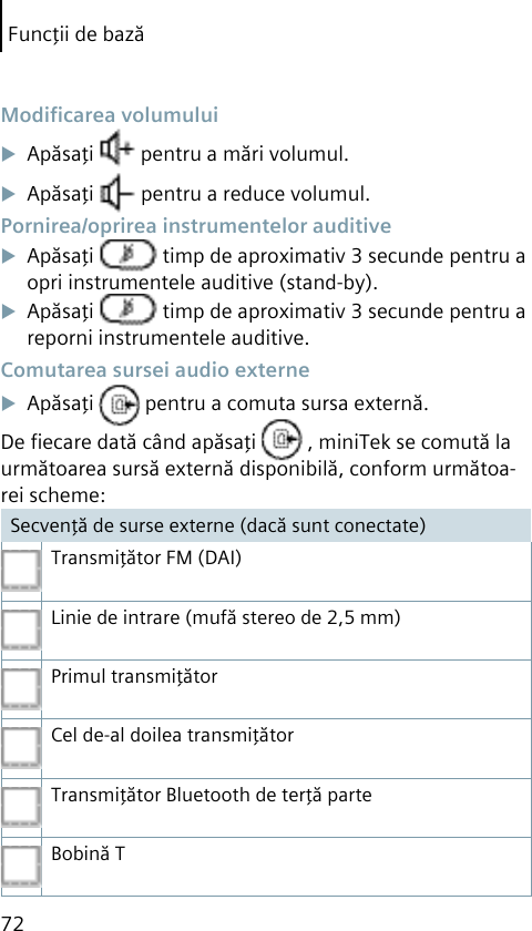 Funcţii de bază72 Modiﬁcarea volumuluiApăsaţi   pentru a mări volumul.Apăsaţi   pentru a reduce volumul. Pornirea/oprirea instrumentelor auditiveApăsaţi   timp de aproximativ 3 secunde pentru a opri instrumentele auditive (stand-by).Apăsaţi   timp de aproximativ 3 secunde pentru a reporni instrumentele auditive. Comutarea sursei audio externeApăsaţi   pentru a comuta sursa externă.De ﬁecare dată când apăsaţi   , miniTek se comută la următoarea sursă externă disponibilă, conform următoa-rei scheme:Secvenţă de surse externe (dacă sunt conectate)Transmiţător FM (DAI)Linie de intrare (mufă stereo de 2,5 mm)Primul transmiţătorCel de-al doilea transmiţătorTransmiţător Bluetooth de terţă parteBobină T