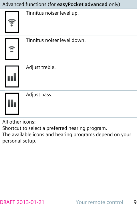 Your remote control 9DRAFT 2013-01-21Advanced functions (for easyPocket advanced only)Tinnitus noiser level up.Tinnitus noiser level down.Adjust treble.Adjust bass.All other icons:Shortcut to select a preferred hearing program.The available icons and hearing programs depend on your personal setup.