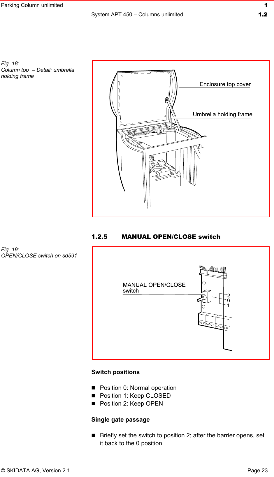 Parking Column unlimited  1System APT 450 – Columns unlimited  1.2© SKIDATA AG, Version 2.1  Page 23 1.2.5  MANUAL OPEN/CLOSE switch Switch positions Position 0: Normal operation Position 1: Keep CLOSED Position 2: Keep OPEN Single gate passage Briefly set the switch to position 2; after the barrier opens, set it back to the 0 position Fig. 18: Column top  – Detail: umbrella holding frame Fig. 19: OPEN/CLOSE switch on sd591 