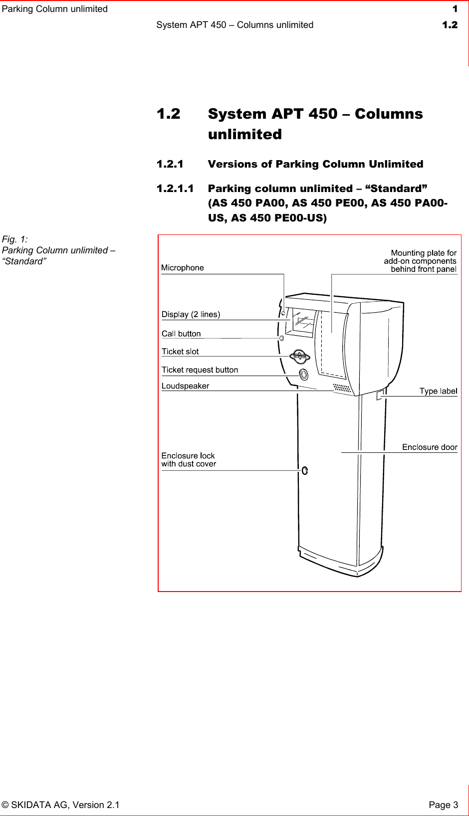 Parking Column unlimited  1System APT 450 – Columns unlimited  1.2© SKIDATA AG, Version 2.1  Page 3 1.2  System APT 450 – Columns unlimited1.2.1  Versions of Parking Column Unlimited 1.2.1.1  Parking column unlimited – “Standard”  (AS 450 PA00, AS 450 PE00, AS 450 PA00-US, AS 450 PE00-US) Fig. 1: Parking Column unlimited – “Standard” 