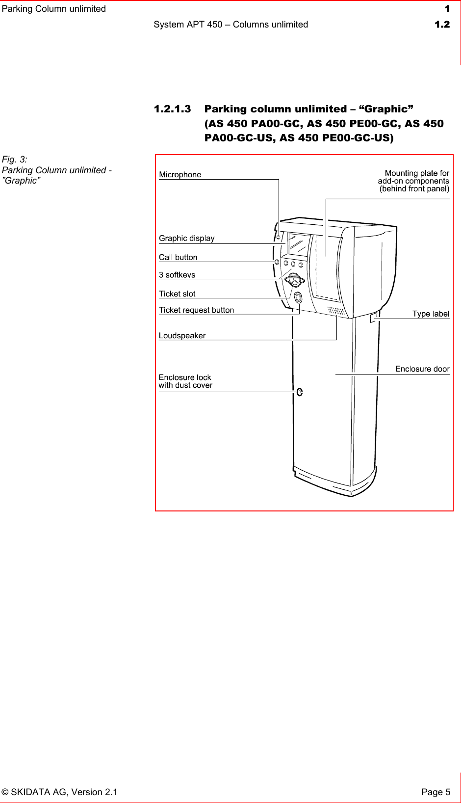 Parking Column unlimited  1System APT 450 – Columns unlimited  1.2© SKIDATA AG, Version 2.1  Page 5 1.2.1.3  Parking column unlimited – “Graphic” (AS 450 PA00-GC, AS 450 PE00-GC, AS 450 PA00-GC-US, AS 450 PE00-GC-US) Fig. 3: Parking Column unlimited - ”Graphic” 