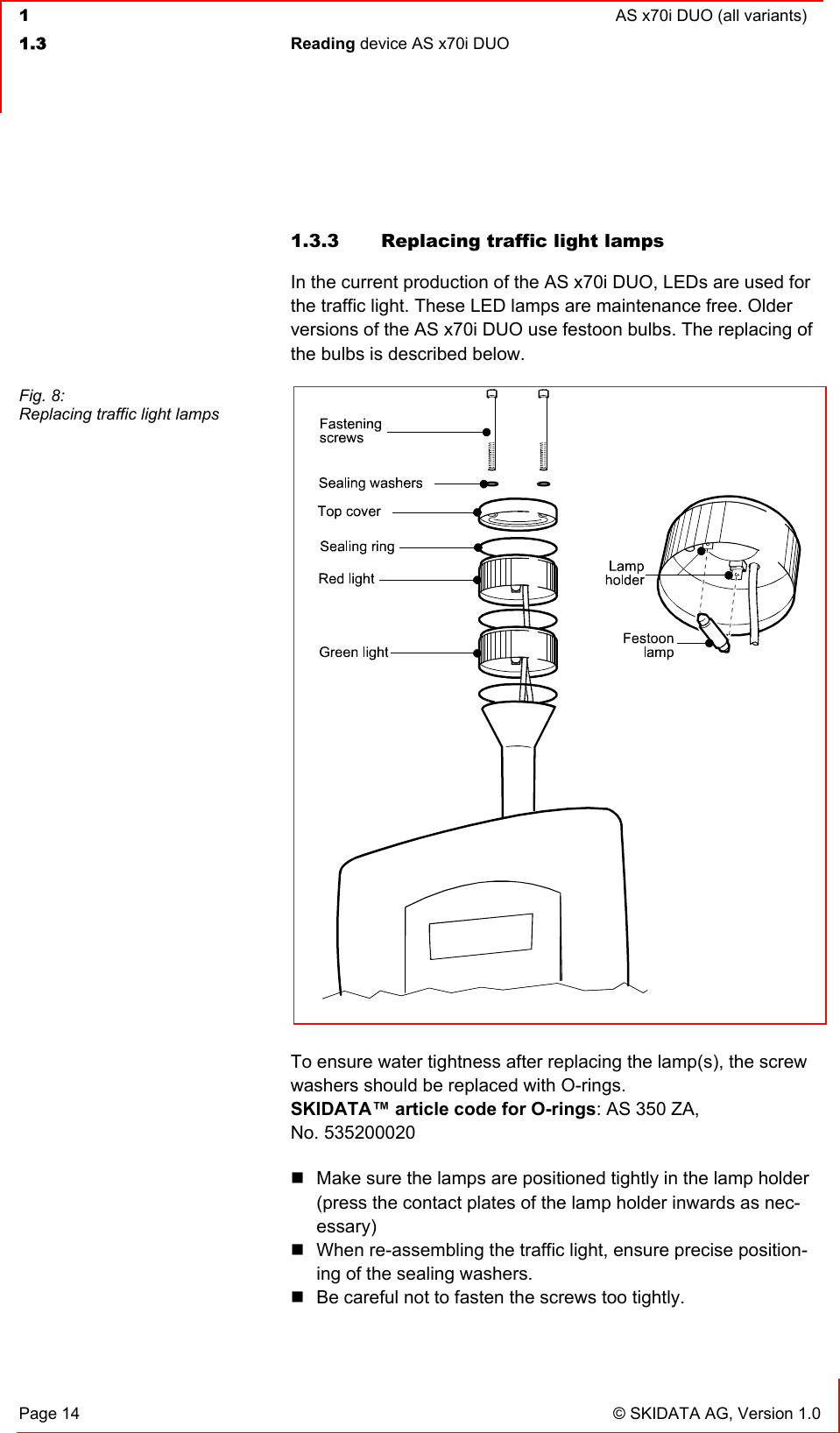  1  AS x70i DUO (all variants)  1.3 Reading device AS x70i DUO   Page 14  © SKIDATA AG, Version 1.0  1.3.3  Replacing traffic light lamps In the current production of the AS x70i DUO, LEDs are used for the traffic light. These LED lamps are maintenance free. Older versions of the AS x70i DUO use festoon bulbs. The replacing of the bulbs is described below.  To ensure water tightness after replacing the lamp(s), the screw washers should be replaced with O-rings. SKIDATA™ article code for O-rings: AS 350 ZA,                                                                 No. 535200020  Make sure the lamps are positioned tightly in the lamp holder (press the contact plates of the lamp holder inwards as nec-essary)  When re-assembling the traffic light, ensure precise position-ing of the sealing washers.  Be careful not to fasten the screws too tightly.   Fig. 8: Replacing traffic light lamps 