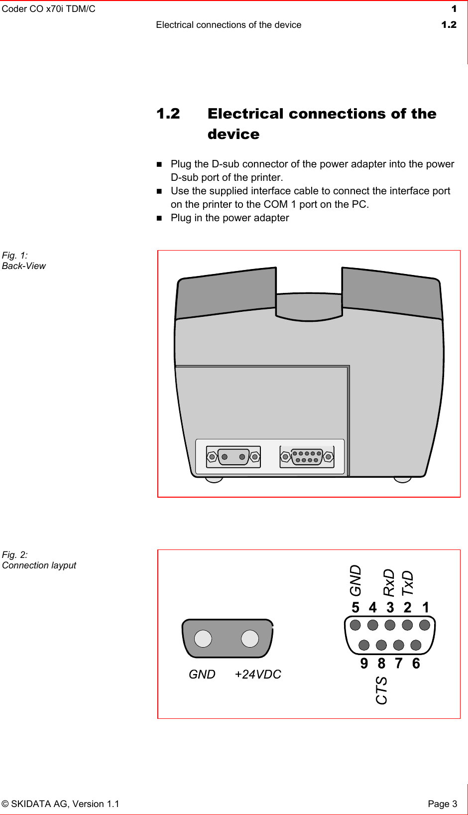 Coder CO x70i TDM/C  1 Electrical connections of the device  1.2   © SKIDATA AG, Version 1.1  Page 3 1.2  Electrical connections of the device  Plug the D-sub connector of the power adapter into the power D-sub port of the printer.  Use the supplied interface cable to connect the interface port on the printer to the COM 1 port on the PC.  Plug in the power adapter        Fig. 1: Back-View   Fig. 2: Connection layput 