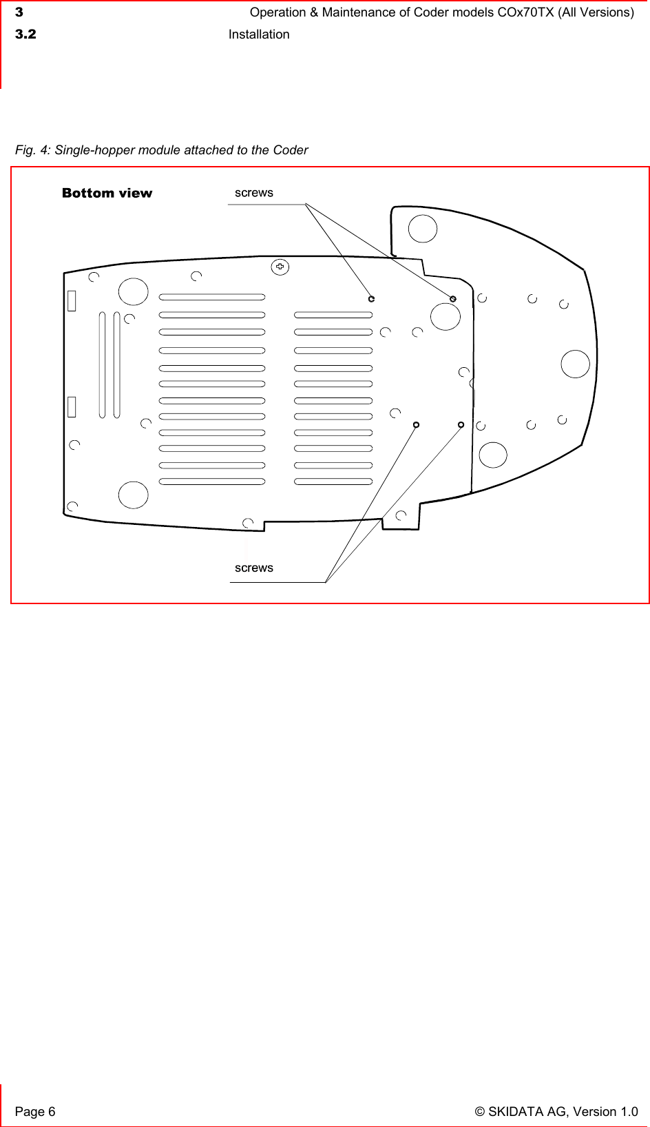  3  Operation &amp; Maintenance of Coder models COx70TX (All Versions)  3.2 Installation    Page 6  © SKIDATA AG, Version 1.0 Fig. 4: Single-hopper module attached to the Coder   