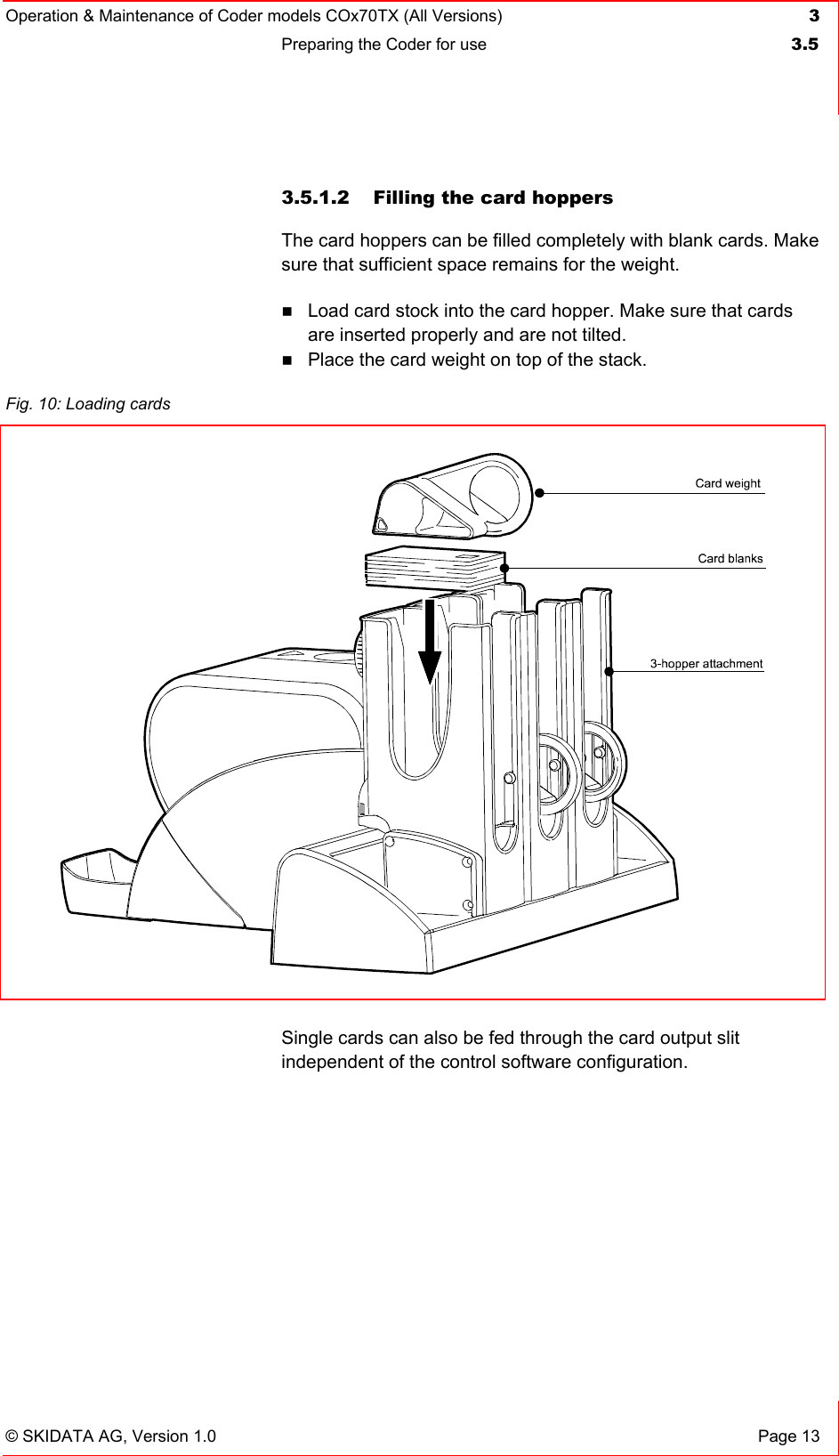 Operation &amp; Maintenance of Coder models COx70TX (All Versions) 3 Preparing the Coder for use  3.5   © SKIDATA AG, Version 1.0  Page 13 3.5.1.2  Filling the card hoppers The card hoppers can be filled completely with blank cards. Make sure that sufficient space remains for the weight.  Load card stock into the card hopper. Make sure that cards are inserted properly and are not tilted.  Place the card weight on top of the stack.    Single cards can also be fed through the card output slit independent of the control software configuration. Fig. 10: Loading cards   