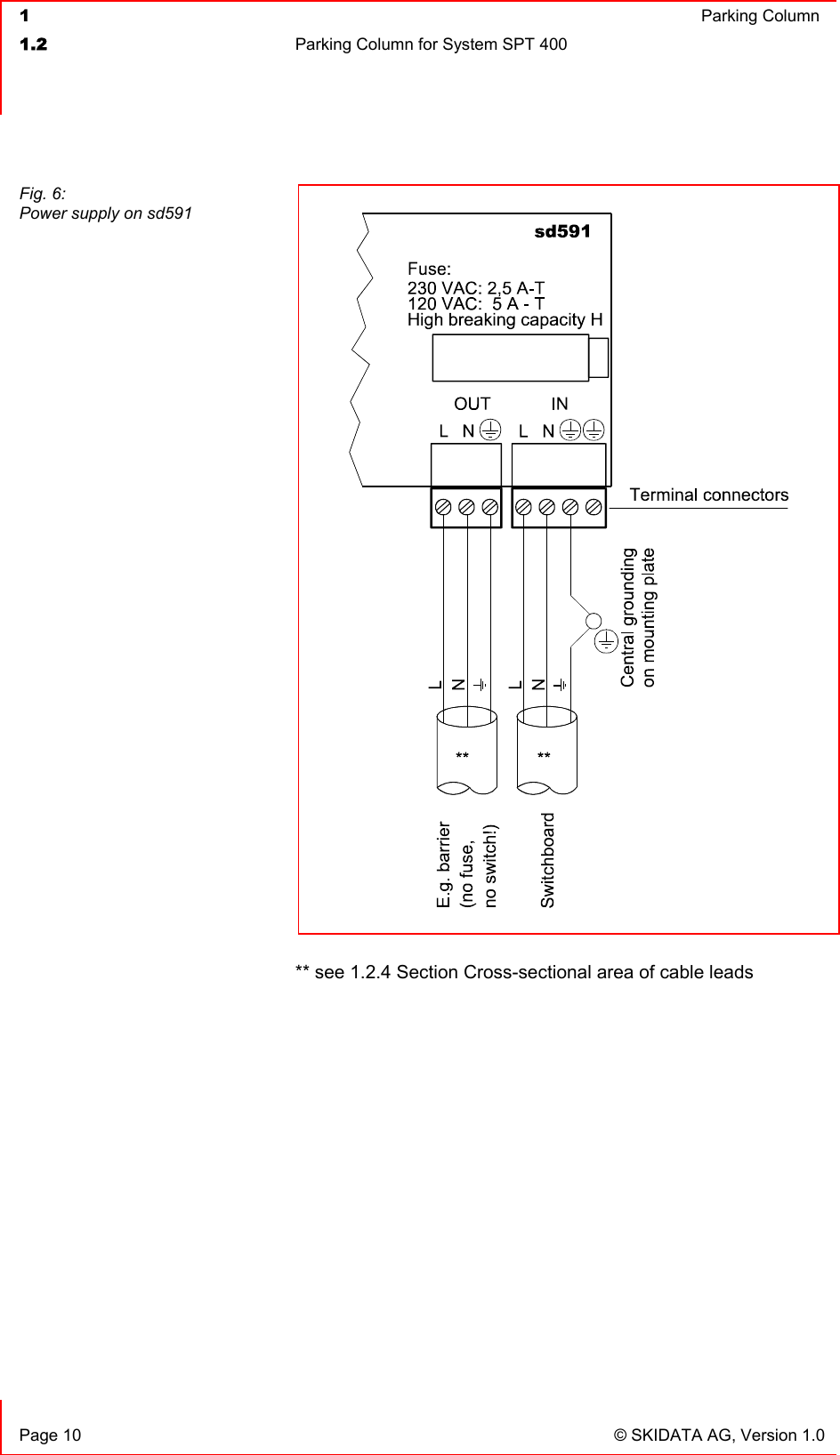  1  Parking Column1.2  Parking Column for System SPT 400   Page 10  © SKIDATA AG, Version 1.0 ** see 1.2.4 Section Cross-sectional area of cable leads Fig. 6: Power supply on sd591 