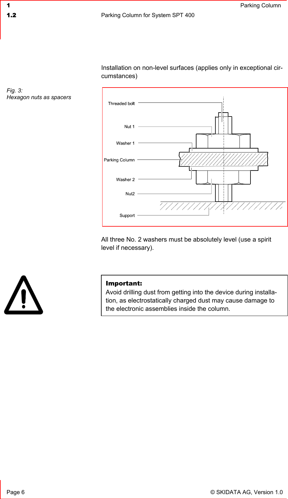  1  Parking Column1.2  Parking Column for System SPT 400  Page 6  © SKIDATA AG, Version 1.0 Installation on non-level surfaces (applies only in exceptional cir-cumstances)All three No. 2 washers must be absolutely level (use a spirit level if necessary). Important:Avoid drilling dust from getting into the device during installa-tion, as electrostatically charged dust may cause damage to the electronic assemblies inside the column. Fig. 3: Hexagon nuts as spacers 