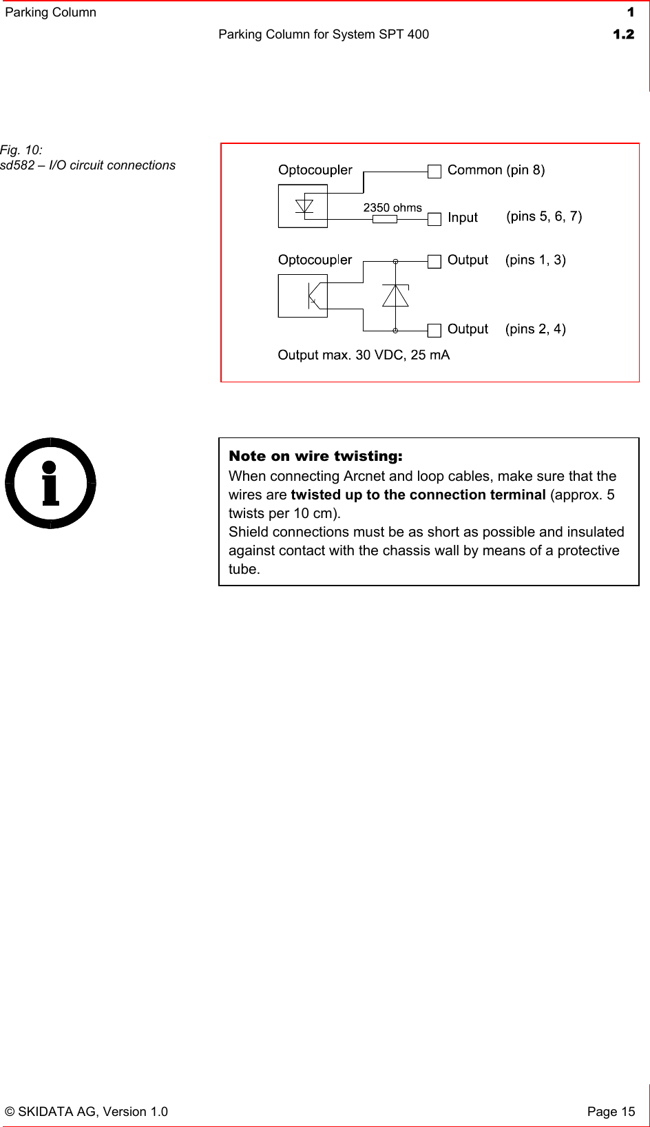 Parking Column 1Parking Column for System SPT 400  1.2© SKIDATA AG, Version 1.0  Page 15 Note on wire twisting:When connecting Arcnet and loop cables, make sure that the wires are twisted up to the connection terminal (approx. 5 twists per 10 cm). Shield connections must be as short as possible and insulated against contact with the chassis wall by means of a protective tube.Fig. 10: sd582 – I/O circuit connections 