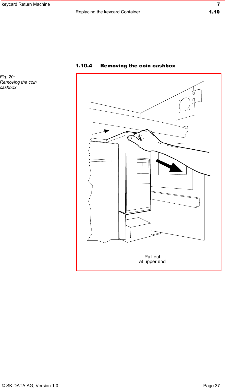 keycard Return Machine  7Replacing the keycard Container  1.10© SKIDATA AG, Version 1.0  Page 37 1.10.4  Removing the coin cashbox Fig. 20: Removing the coin cashbox