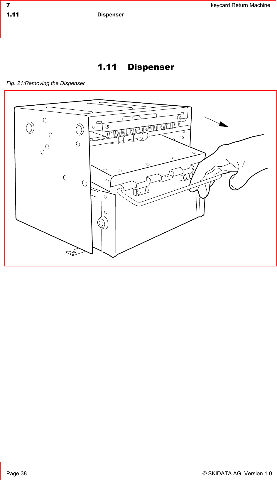  7  keycard Return Machine1.11 Dispenser  Page 38  © SKIDATA AG, Version 1.0 1.11 Dispenser Fig. 21:Removing the Dispenser 