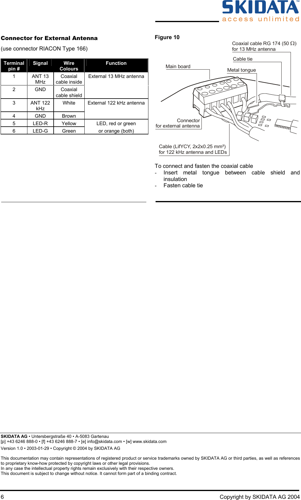  6  Copyright by SKIDATA AG 2004 Connector for External Antenna (use connector RIACON Type 166)  Terminal pin # Signal  Wire Colours Function 1 ANT 13 MHz Coaxial cable inside External 13 MHz antenna 2 GND Coaxial cable shield  3 ANT 122 kHz White  External 122 kHz antenna 4 GND Brown   5  LED-R  Yellow  LED, red or green 6  LED-G  Green  or orange (both)  Figure 10 Main boardCable tieMetal tongueCoaxial cable RG 174 (50 for 13 MHz antennaΩ)Cable (LifYCY, 2x2x0.25 mm²)for 122 kHz antenna and LEDsConnectorfor external antenna  To connect and fasten the coaxial cable -  Insert metal tongue between cable shield and insulation -  Fasten cable tie                                                   SKIDATA AG • Untersbergstraße 40 • A-5083 Gartenau [p] +43 6246 888-0 • [f] +43 6246 888-7 • [e] info@skidata.com • [w] www.skidata.com Version 1.0 • 2003-01-29 • Copyright © 2004 by SKIDATA AG  This documentation may contain representations of registered product or service trademarks owned by SKIDATA AG or third parties, as well as references to proprietary know-how protected by copyright laws or other legal provisions. In any case the intellectual property rights remain exclusively with their respective owners. This document is subject to change without notice. It cannot form part of a binding contract. 
