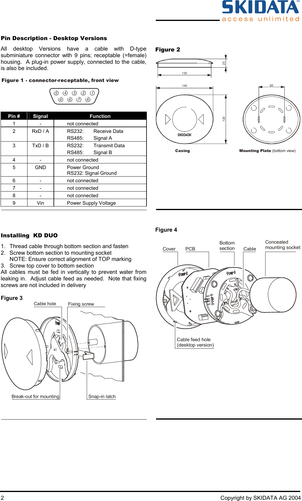  2  Copyright by SKIDATA AG 2004 Pin Description - Desktop VersionsAll desktop Versions have a cable with D-type subminiature connector with 9 pins; receptable (=female) housing.  A plug-in power supply, connected to the cable, is also be included.  Figure 1 - connector-receptable, front view123456789  Pin #  Signal  Function 1 -  not connected 2  RxD / A    RS232:  Receive Data  RS485: Signal A 3  TxD / B    RS232:  Transmit Data  RS485: Signal B 4 -  not connected 5 GND  Power Ground   RS232: Signal Ground 6 -  not connected 7 -  not connected 8 -  not connected 9  Vin    Power Supply Voltage Figure 2 1401302512060Mounting Plate (bottom view)Casing           Installing  KD DUO 1.  Thread cable through bottom section and fasten 2.  Screw bottom section to mounting socket NOTE: Ensure correct alignment of TOP marking 3.  Screw top cover to bottom section All cables must be fed in vertically to prevent water from leaking in.  Adjust cable feed as needed.  Note that fixing screws are not included in delivery   Figure 3 Cable hole Fixing screwBreak-out for mounting Snap-in latch    Figure 4  Cover PCBBottomsection CableConcealed mounting socketCable feed hole (desktop version)  