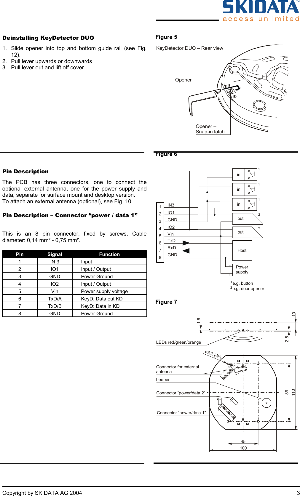  Copyright by SKIDATA AG 2004  3 Deinstalling KeyDetector DUO 1.  Slide opener into top and bottom guide rail (see Fig. 12). 2.  Pull lever upwards or downwards 3.  Pull lever out and lift off cover  Figure 5 KeyDetector DUO – Rear viewOpenerOpener –Snap-in latch  Figure 6  Pin Description  The PCB has three connectors, one to connect the optional external antenna, one for the power supply and data, separate for surface mount and desktop version. To attach an external antenna (optional), see Fig. 10.  Pin Description – Connector “power / data 1”  This is an 8 pin connector, fixed by screws. Cable diameter: 0,14 mm² - 0,75 mm².  Pin  Signal  Function 1  IN 3    Input  2  IO1    Input / Output 3 GND  Power Ground 4  IO2    Input / Output 5  Vin    Power supply voltage 6  TxD/A    KeyD: Data out KD 7  TxD/B    KeyD: Data in KD 8 GND  Power Ground                12345678IN3GNDIO1RxDGNDTxDIO2VinPowersupplyinin-+Host2211112e.g. buttone.g. door openeroutoutin  Figure 7  1.6ø3.2 (4x)86110 102.510045LEDs red/green/orangeConnector for externalantennabeeperConnector “power/data 2”Connector “power/data 1”    