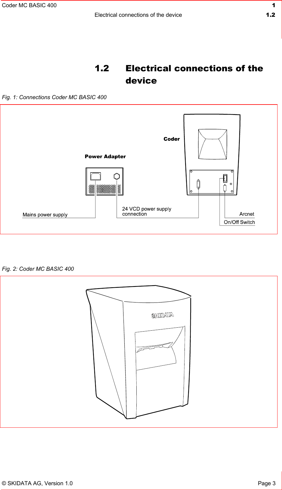 Coder MC BASIC 400  1 Electrical connections of the device  1.2   © SKIDATA AG, Version 1.0  Page 3 1.2  Electrical connections of the device   Fig. 1: Connections Coder MC BASIC 400   Fig. 2: Coder MC BASIC 400   