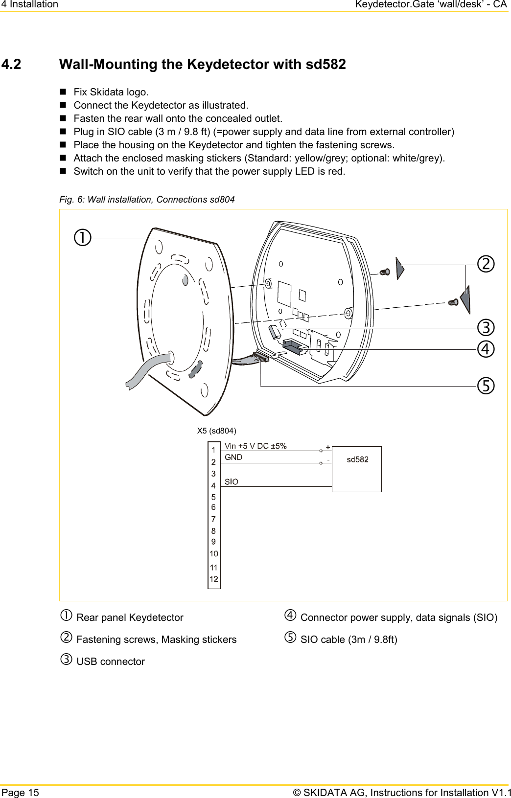 4 Installation Keydetector.Gate ‘wall/desk’ - CA Page 15   © SKIDATA AG, Instructions for Installation V1.1 4.2 Wall-Mounting the Keydetector with sd582  Fix Skidata logo.  Connect the Keydetector as illustrated.  Fasten the rear wall onto the concealed outlet.  Plug in SIO cable (3 m / 9.8 ft) (=power supply and data line from external controller)  Place the housing on the Keydetector and tighten the fastening screws.  Attach the enclosed masking stickers (Standard: yellow/grey; optional: white/grey).  Switch on the unit to verify that the power supply LED is red.  Fig. 6: Wall installation, Connections sd804   Rear panel Keydetector  Fastening screws, Masking stickers  USB connector  Connector power supply, data signals (SIO)  SIO cable (3m / 9.8ft)    X5 (sd804)