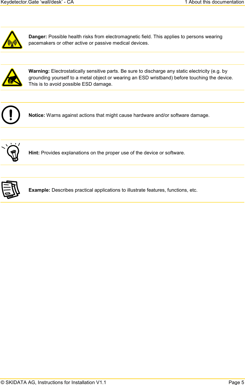 Keydetector.Gate ‘wall/desk’ - CA  1 About this documentation  © SKIDATA AG, Instructions for Installation V1.1   Page 5  Danger: Possible health risks from electromagnetic field. This applies to persons wearing pacemakers or other active or passive medical devices.   Warning: Electrostatically sensitive parts. Be sure to discharge any static electricity (e.g. by grounding yourself to a metal object or wearing an ESD wristband) before touching the device. This is to avoid possible ESD damage.   Notice: Warns against actions that might cause hardware and/or software damage.   Hint: Provides explanations on the proper use of the device or software.   Example: Describes practical applications to illustrate features, functions, etc. 