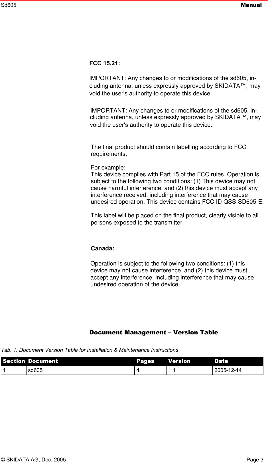 Sd605  Manual    © SKIDATA AG, Dec. 2005 Page 3 FCC 15.21: IMPORTANT: Any changes to or modifications of the sd605, in-cluding antenna, unless expressly approved by SKIDATA™, may void the user&apos;s authority to operate this device.            Document Management – Version Table  Tab. 1: Document Version Table for Installation &amp; Maintenance Instructions Section  Document  Pages  Version  Date 1 sd605 4 1.1 2005-12-14 IMPORTANT: Any changes to or modifications of the sd605, in-cluding antenna, unless expressly approved by SKIDATA™, may void the user&apos;s authority to operate this device. The final product should contain labelling according to FCCrequirements.For example:This device complies with Part 15 of the FCC rules. Operation issubject to the following two conditions: (1) This device may notcause harmful interference, and (2) this device must accept anyinterference received, including interference that may causeundesired operation. This device contains FCC ID QSS-SD605-E.This label will be placed on the final product, clearly visible to allpersons exposed to the transmitter.Operation is subject to the following two conditions: (1) thisdevice may not cause interference, and (2) this device mustaccept any interference, including interference that may causeundesired operation of the device.Canada: