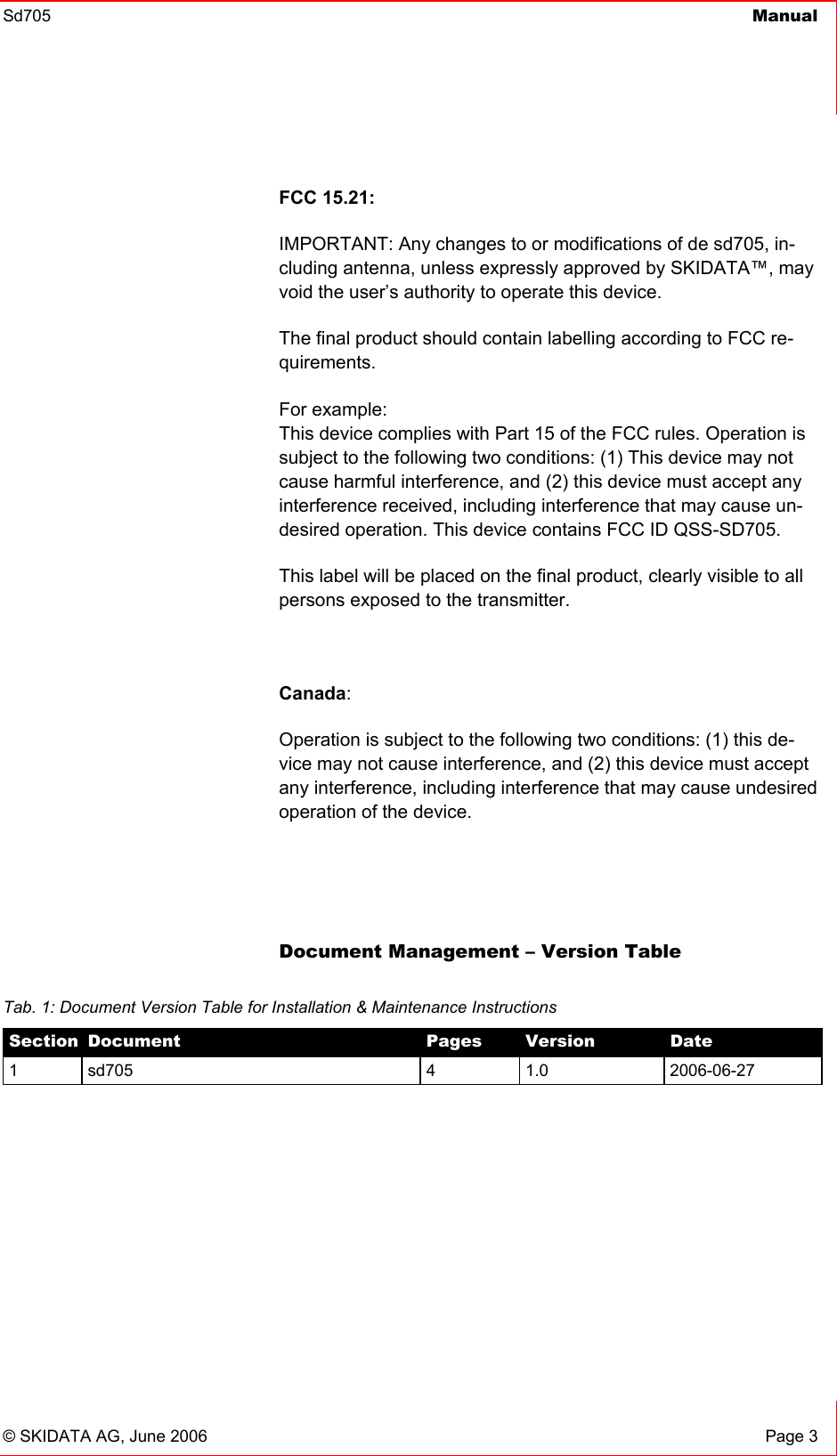 Sd705  Manual    © SKIDATA AG, June 2006  Page 3 FCC 15.21: IMPORTANT: Any changes to or modifications of de sd705, in-cluding antenna, unless expressly approved by SKIDATA™, may void the user’s authority to operate this device. The final product should contain labelling according to FCC re-quirements.  For example: This device complies with Part 15 of the FCC rules. Operation is subject to the following two conditions: (1) This device may not cause harmful interference, and (2) this device must accept any interference received, including interference that may cause un-desired operation. This device contains FCC ID QSS-SD705. This label will be placed on the final product, clearly visible to all persons exposed to the transmitter.  Canada: Operation is subject to the following two conditions: (1) this de-vice may not cause interference, and (2) this device must accept any interference, including interference that may cause undesired operation of the device.   Document Management – Version Table  Tab. 1: Document Version Table for Installation &amp; Maintenance Instructions Section  Document  Pages  Version  Date 1 sd705  4  1.0  2006-06-27 