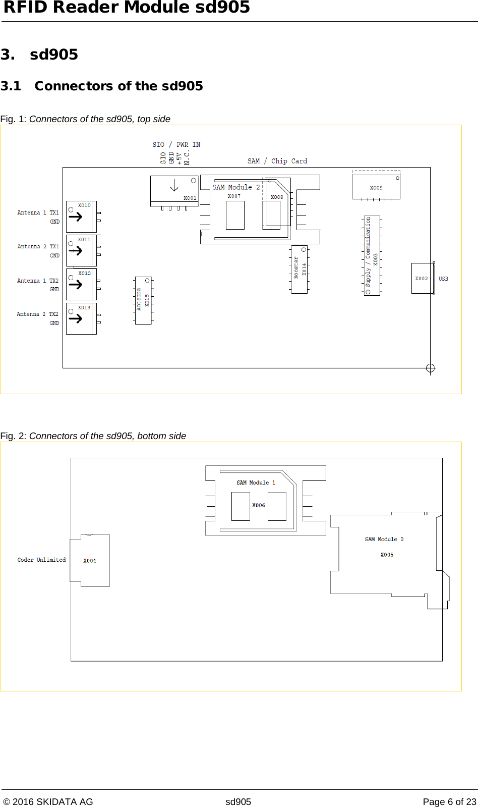 RFID Reader Module sd905 © 2016 SKIDATA AG sd905 Page 6 of 23  3. sd905 3.1 Connectors of the sd905  Fig. 1: Connectors of the sd905, top side     Fig. 2: Connectors of the sd905, bottom side      