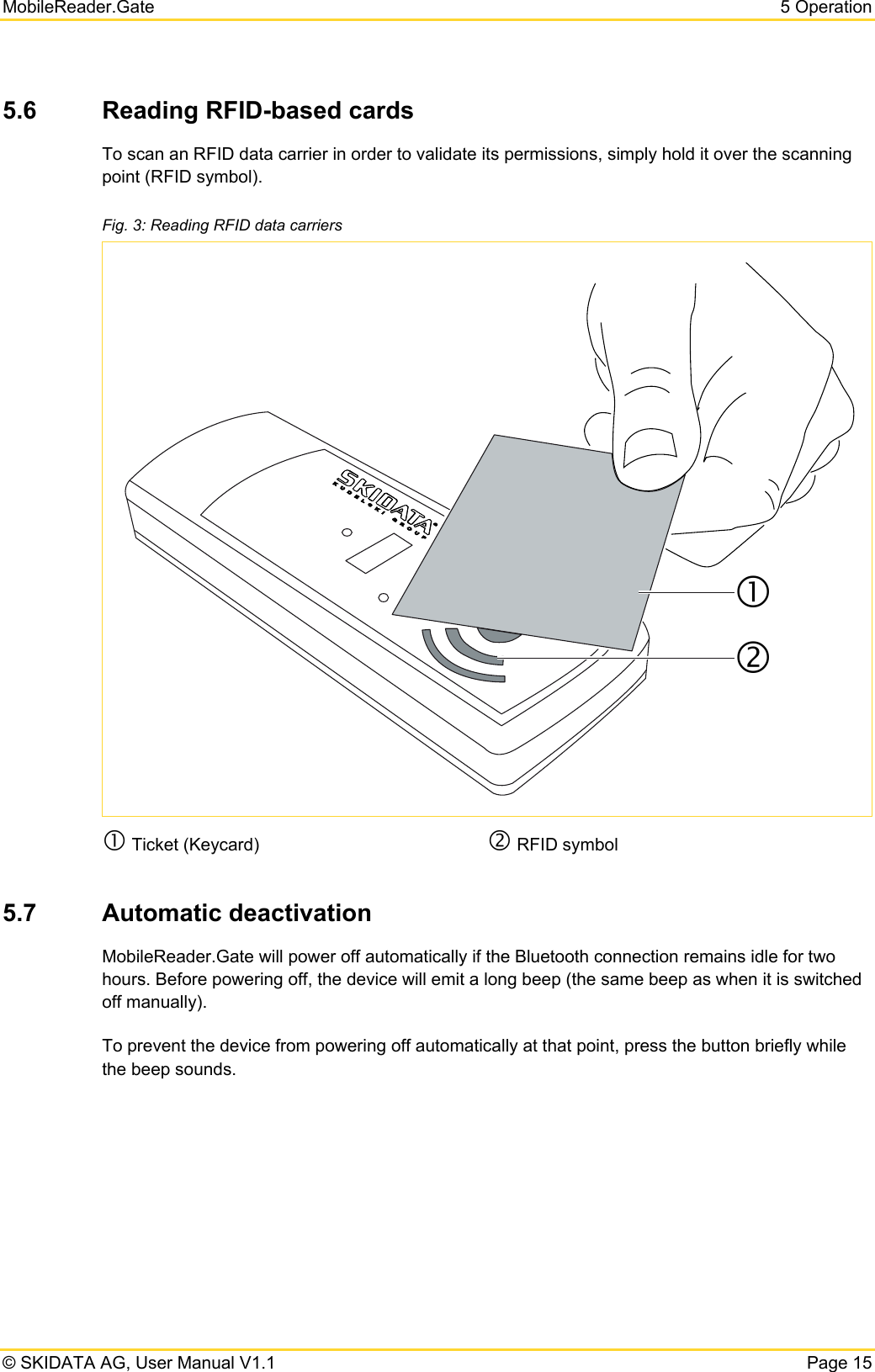 MobileReader.Gate  5 Operation © SKIDATA AG, User Manual V1.1  Page 15 5.6  Reading RFID-based cards To scan an RFID data carrier in order to validate its permissions, simply hold it over the scanning point (RFID symbol). Fig. 3: Reading RFID data carriers c Ticket (Keycard)  dRFID symbol  5.7  Automatic deactivation MobileReader.Gate will power off automatically if the Bluetooth connection remains idle for two hours. Before powering off, the device will emit a long beep (the same beep as when it is switched off manually). To prevent the device from powering off automatically at that point, press the button briefly while the beep sounds.   cd