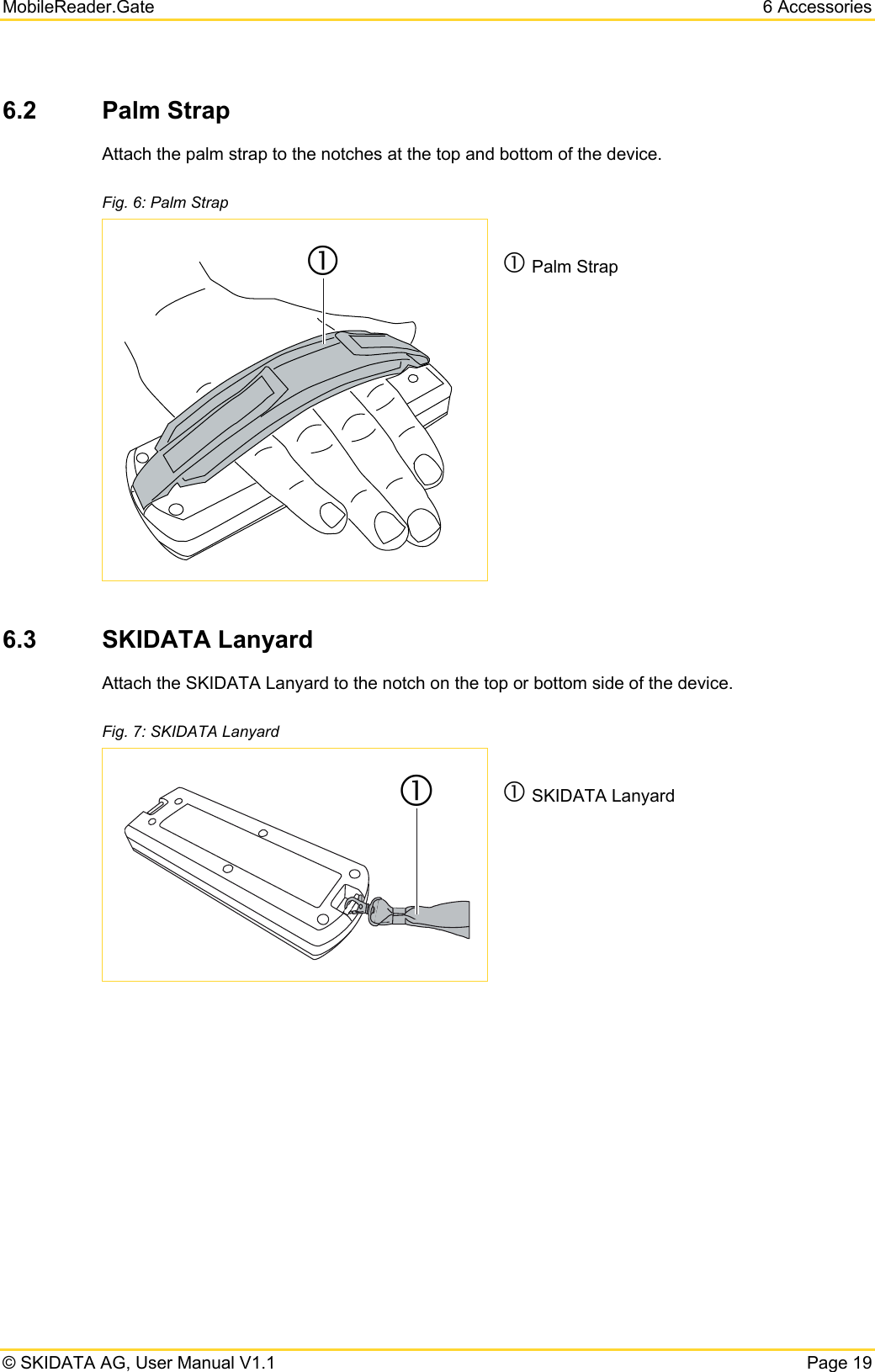 MobileReader.Gate  6 Accessories © SKIDATA AG, User Manual V1.1  Page 19 6.2  Palm Strap Attach the palm strap to the notches at the top and bottom of the device. Fig. 6: Palm Strap c Palm Strap   6.3  SKIDATA Lanyard Attach the SKIDATA Lanyard to the notch on the top or bottom side of the device. Fig. 7: SKIDATA Lanyard c SKIDATA Lanyard   cc