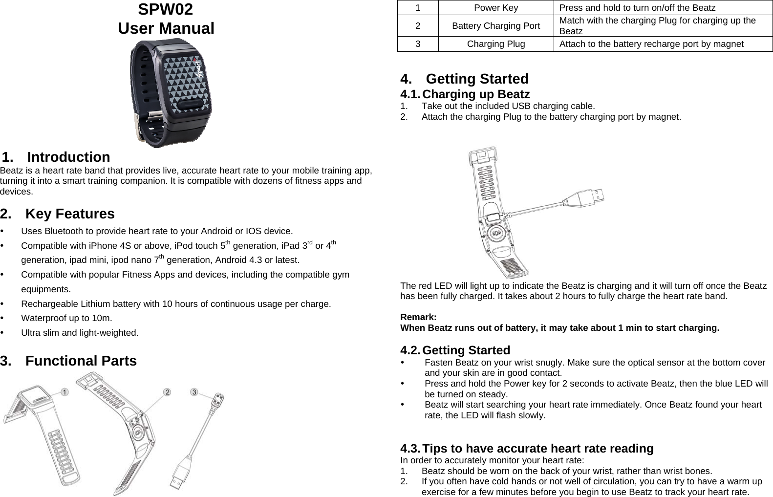 SPW02  User Manual 1. Introduction Beatz is a heart rate band that provides live, accurate heart rate to your mobile training app, turning it into a smart training companion. It is compatible with dozens of fitness apps and devices.  2. Key Features y  Uses Bluetooth to provide heart rate to your Android or IOS device. y  Compatible with iPhone 4S or above, iPod touch 5th generation, iPad 3rd or 4th generation, ipad mini, ipod nano 7th generation, Android 4.3 or latest. y  Compatible with popular Fitness Apps and devices, including the compatible gym equipments. y  Rechargeable Lithium battery with 10 hours of continuous usage per charge.  y  Waterproof up to 10m. y  Ultra slim and light-weighted.  3. Functional Parts 1  Power Key  Press and hold to turn on/off the Beatz 2  Battery Charging Port  Match with the charging Plug for charging up the Beatz  3  Charging Plug  Attach to the battery recharge port by magnet  4. Getting Started 4.1. Charging up Beatz 1.   Take out the included USB charging cable. 2.   Attach the charging Plug to the battery charging port by magnet.  The red LED will light up to indicate the Beatz is charging and it will turn off once the Beatz has been fully charged. It takes about 2 hours to fully charge the heart rate band.   Remark: When Beatz runs out of battery, it may take about 1 min to start charging. 4.2. Getting  Started y  Fasten Beatz on your wrist snugly. Make sure the optical sensor at the bottom cover and your skin are in good contact. y  Press and hold the Power key for 2 seconds to activate Beatz, then the blue LED will be turned on steady. y  Beatz will start searching your heart rate immediately. Once Beatz found your heart rate, the LED will flash slowly.  4.3. Tips to have accurate heart rate reading In order to accurately monitor your heart rate: 1.   Beatz should be worn on the back of your wrist, rather than wrist bones. 2.   If you often have cold hands or not well of circulation, you can try to have a warm up exercise for a few minutes before you begin to use Beatz to track your heart rate. 