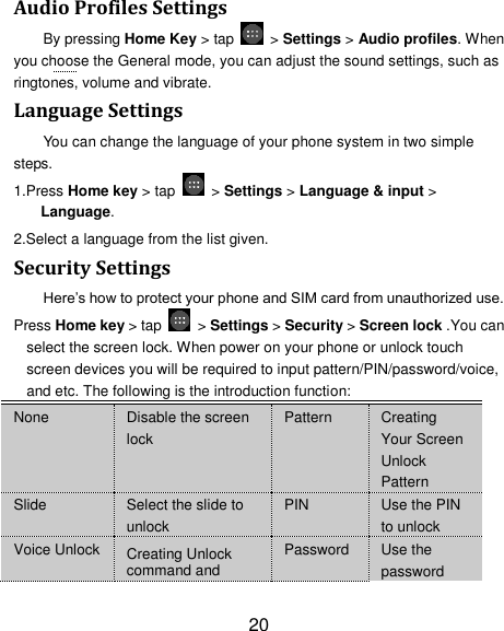 20 Audio Profiles Settings By pressing Home Key &gt; tap    &gt; Settings &gt; Audio profiles. When you choose the General mode, you can adjust the sound settings, such as ringtones, volume and vibrate. Language Settings You can change the language of your phone system in two simple steps. 1.Press Home key &gt; tap    &gt; Settings &gt; Language &amp; input &gt; Language. 2.Select a language from the list given. Security Settings Here‘s how to protect your phone and SIM card from unauthorized use.   Press Home key &gt; tap    &gt; Settings &gt; Security &gt; Screen lock .You can select the screen lock. When power on your phone or unlock touch screen devices you will be required to input pattern/PIN/password/voice, and etc. The following is the introduction function: None Disable the screen lock Pattern Creating Your Screen Unlock Pattern Slide Select the slide to unlock PIN Use the PIN to unlock Voice Unlock Creating Unlock command and Password Use the password 