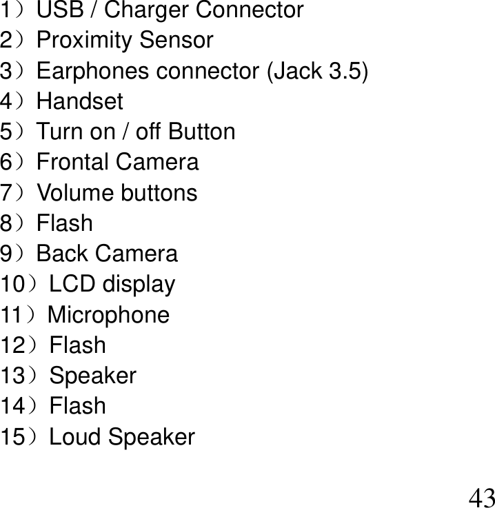   43     1）USB / Charger Connector 2）Proximity Sensor 3）Earphones connector (Jack 3.5) 4）Handset 5）Turn on / off Button 6）Frontal Camera 7）Volume buttons 8）Flash 9）Back Camera 10）LCD display 11）Microphone 12）Flash 13）Speaker 14）Flash 15）Loud Speaker  