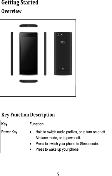 6 GettingStartedOverview                                                                                                                                                                                                                                                                                                              KeyFunctionDescriptionKey Function Power Key  • Hold to switch audio profiles, or to turn on or off Airplane mode, or to power off. • Press to switch your phone to Sleep mode. • Press to wake up your phone. 5