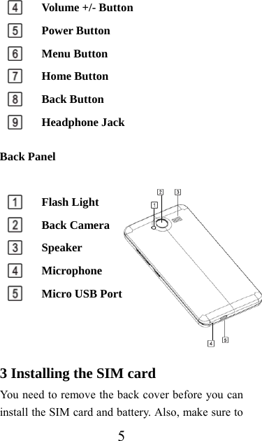  5 Volume +/- Button      Power Button        Menu Button      Home Button      Back Button      Headphone Jack     Back Panel    Flash Light  Back Camera    Speaker    Microphone   Micro USB Port      3 Installing the SIM card You need to remove the back cover before you can install the SIM card and battery. Also, make sure to 