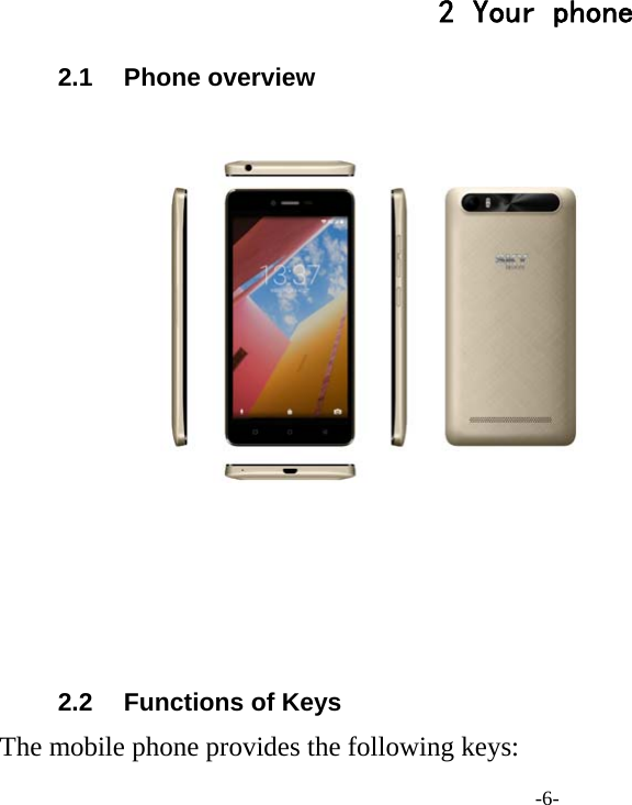 -6- 2 Your phone 2.1 Phone overview        2.2  Functions of Keys The mobile phone provides the following keys: 