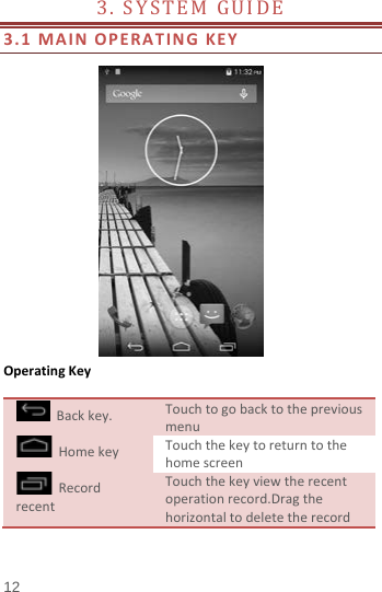  3.  SYSTEM GUIDE                    3.1 MAIN OPERATING KEY                  Operating Key   Back key. Touch to go back to the previous menu  Home key Touch the key to return to the home screen  Record recent Touch the key view the recent operation record.Drag the horizontal to delete the record    12 