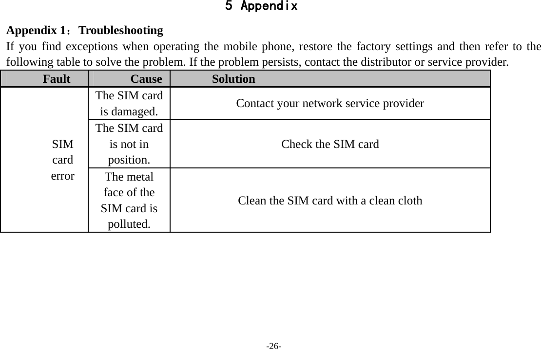 -26- 5 Appendix Appendix 1：Troubleshooting If you find exceptions when operating the mobile phone, restore the factory settings and then refer to the following table to solve the problem. If the problem persists, contact the distributor or service provider. Fault  Cause  Solution SIM card error The SIM card is damaged.  Contact your network service provider The SIM card is not in position. Check the SIM card The metal face of the SIM card is polluted. Clean the SIM card with a clean cloth 