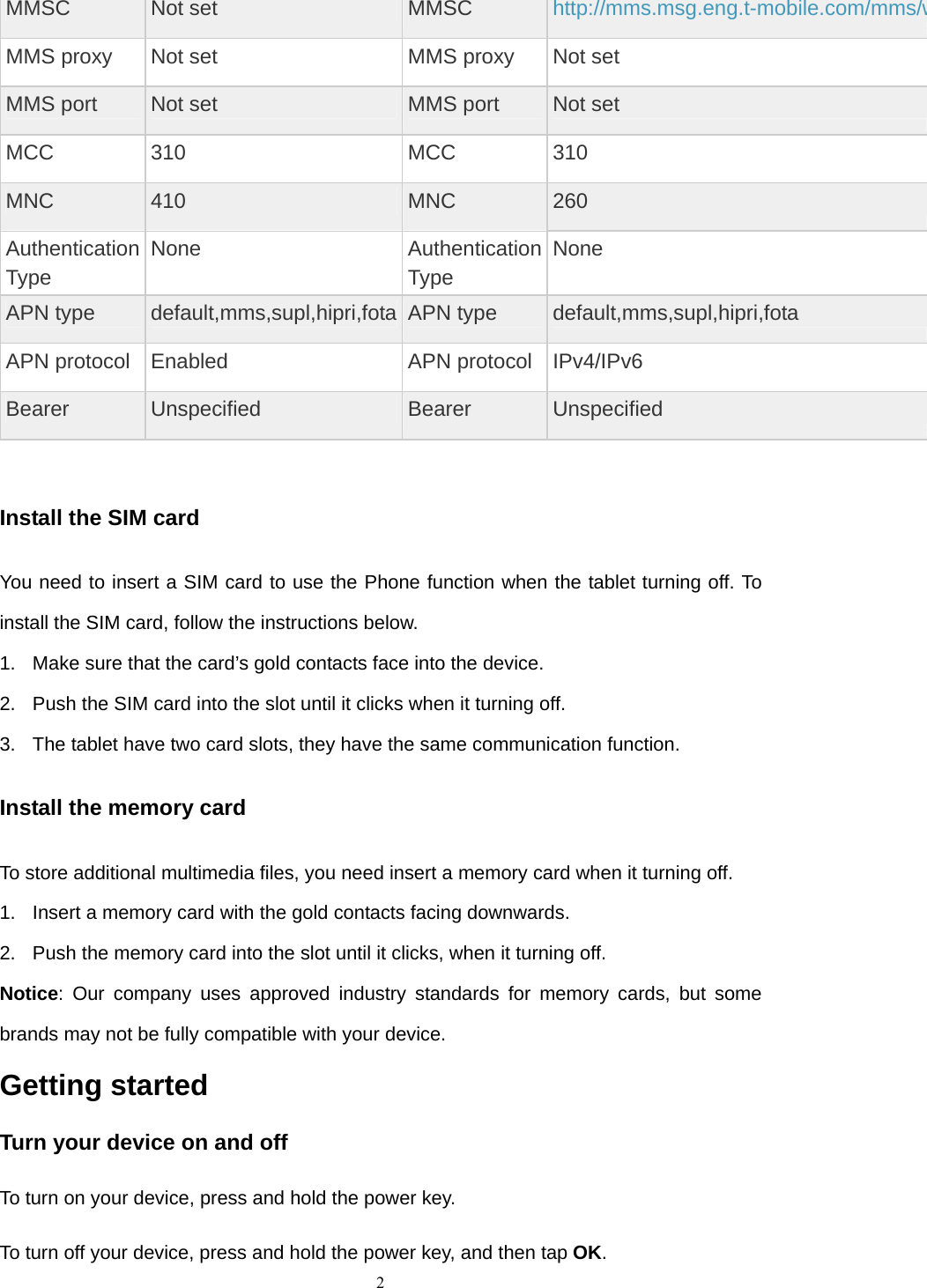    2MMSC  Not set  MMSC  http://mms.msg.eng.t-mobile.com/mms/wMMS proxy  Not set  MMS proxy  Not set MMS port  Not set  MMS port  Not set MCC  310  MCC  310 MNC  410  MNC  260 Authentication Type None Authentication Type None APN type  default,mms,supl,hipri,fota APN type  default,mms,supl,hipri,fota APN protocol  Enabled  APN protocol IPv4/IPv6 Bearer  Unspecified  Bearer  Unspecified  Install the SIM card You need to insert a SIM card to use the Phone function when the tablet turning off. To install the SIM card, follow the instructions below. 1.  Make sure that the card’s gold contacts face into the device. 2.  Push the SIM card into the slot until it clicks when it turning off. 3.  The tablet have two card slots, they have the same communication function. Install the memory card To store additional multimedia files, you need insert a memory card when it turning off. 1.  Insert a memory card with the gold contacts facing downwards. 2.  Push the memory card into the slot until it clicks, when it turning off. Notice: Our company uses approved industry standards for memory cards, but some brands may not be fully compatible with your device. Getting started Turn your device on and off To turn on your device, press and hold the power key. To turn off your device, press and hold the power key, and then tap OK. 