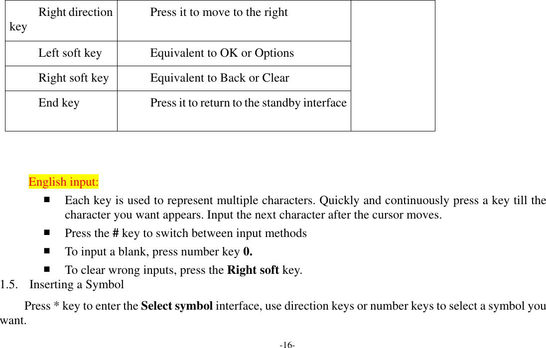  -16- Right direction key  Press it to move to the right Left soft key  Equivalent to OK or Options Right soft key Equivalent to Back or Clear End key  Press it to return to the standby interface   English input: ■ Each key is used to represent multiple characters. Quickly and continuously press a key till the character you want appears. Input the next character after the cursor moves. ■ Press the # key to switch between input methods ■ To input a blank, press number key 0. ■ To clear wrong inputs, press the Right soft key. 1.5. Inserting a Symbol Press * key to enter the Select symbol interface, use direction keys or number keys to select a symbol you want. 
