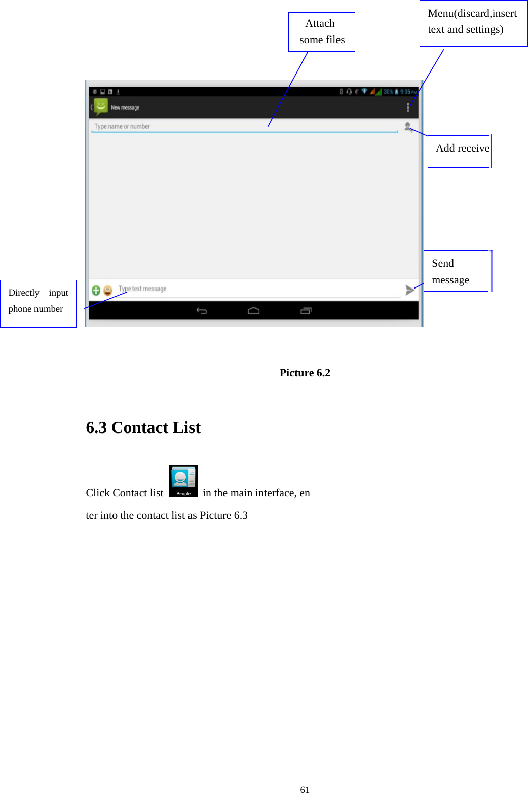     61   Picture 6.2  6.3 Contact List Click Contact list    in the main interface, en ter into the contact list as Picture 6.3 Directly input phone number Add receiverSend message  Attach some files Menu(discard,insert text and settings) 